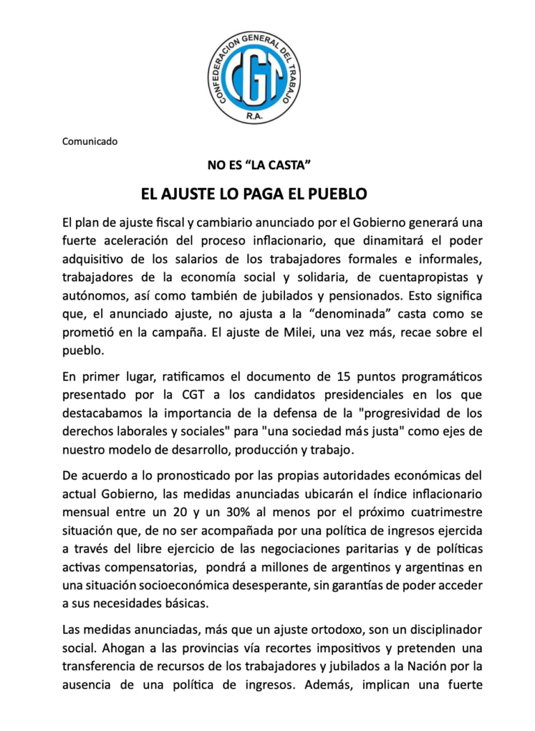 Dura advertencia de la CGT al Gobierno Nacional
