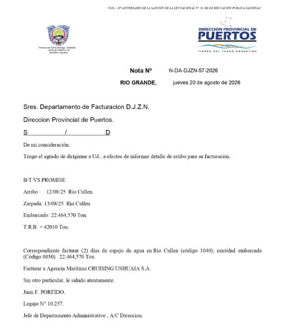 20 de agosto: La DPP emitió una nota interna orientada exclusivamente a la facturación por los servicios portuarios correspondientes a una operación que ya se había consumado.